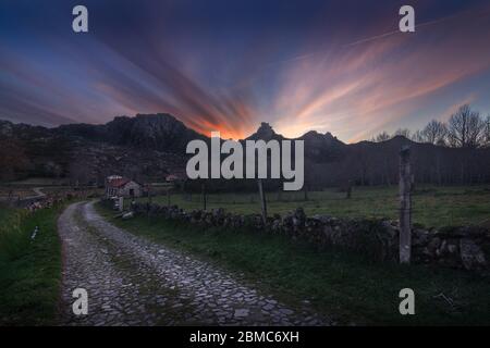 Una tipica strada in pietra portoghese che è usata per raggiungere i campi di mucche e la piccola città nel mezzo di questa valle di montagna nel parco di Peneda Geres Foto Stock