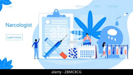 Vettore di concetto di Narcologia per la landing page. I piccoli medici narcologici trattano l'uomo contro la droga, la dipendenza dal tabacco. Gli psichiatri aiutano pazienti, mentali Illustrazione Vettoriale