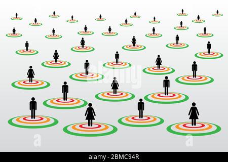 Le persone silhouette simboli in cerchi concentrici Concept con il sistema di tracciamento dei contatti Covid-19 con allarmi rossi, arancioni e verdi - Social Distancing Illustrazione Vettoriale