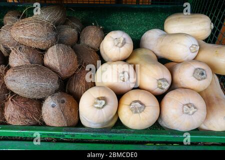 Frutta di cocco e schiacciate di butternut in vendita Foto Stock