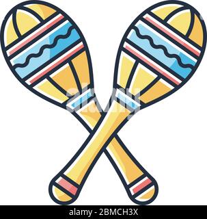 Icona colore RGB Maracas. Strumento musicale tradizionale per festival etnici. Agitatori incrociati per prestazioni di banda. Percussioni ritmiche per ritmi danzanti. Illustrazione Vettoriale