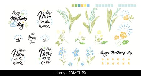 Mamme giorno mano scritta calligrafia illustrazione set, biglietto di auguri, testo nero, parola, doodle, icona. Linocut, stile tatoo. Moderno pennello scritto a mano scritta bianco sfondo isolato vettore Illustrazione Vettoriale