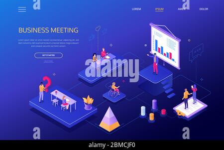 Business meeting - banner web vettoriale isometrico moderno e colorato Illustrazione Vettoriale