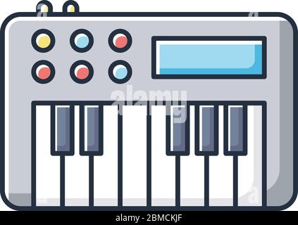 Icona colore RGB sintetizzatore. Strumento musicale elettronico per la performance di banda. Tastiera per riprodurre musica. Pianoforte elettrico con equalizzatore per comporre canzoni Illustrazione Vettoriale