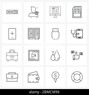 Set di 16 icone semplici di smartphone, aggiungere, sviluppo software, memoria, illustrazione vettore dati Illustrazione Vettoriale
