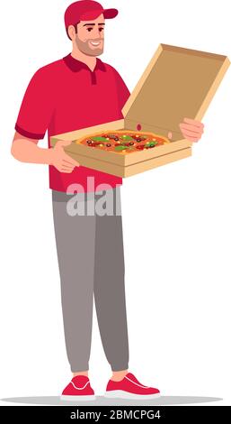 Illustrazione vettoriale colore RGB semi piatto per la consegna di alimenti italiani. Uomo consegna con scatola pizza aperta. Corriere caucasico maschile in uniforme rossa isolato cartoo Illustrazione Vettoriale