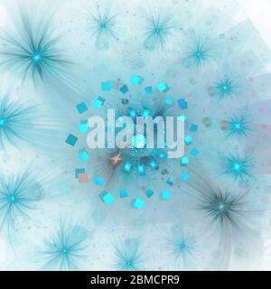 Vortice scintillante. Scintille astratte di teal su sfondo bianco. Fantasia frattale texture. Immagine a spirale ciano, illustrazione - ripetizione di motivi a spirale, colo Foto Stock