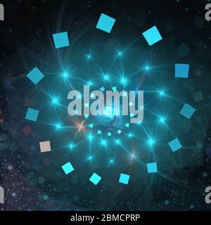Vortice scintillante. Scintille astratte di colore teal su sfondo nero. Fantasia frattale texture. Rendering 3D per arte digitale. Immagine di sfondo a spirale ciano, Illustra Foto Stock