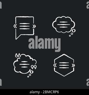 Chat bolla con virgolette gesso icone bianche impostato su sfondo nero. Casella di testo con copyspace. Nuvole da sogno vuote. Casella di commento vuota. Isolato ve Illustrazione Vettoriale
