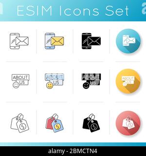 Icone di Internet Store impostate. Ricezione di messaggi sul telefono cellulare. Informazioni di contatto dell'azienda. Prezzo per il costo del prodotto. Stili di colore lineari, neri e RGB Illustrazione Vettoriale