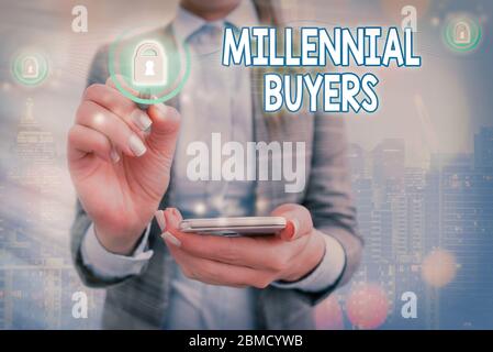 Scrittura concettuale a mano che mostra i compratori millennial. Concetto che significa tipo di consumatori interessati a prodotti di tendenza Foto Stock