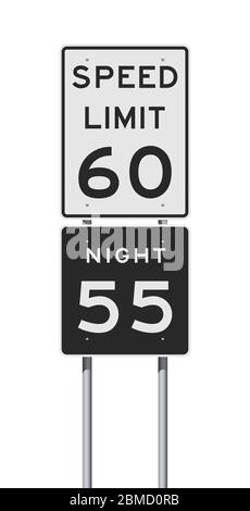 Illustrazione vettoriale dei segnali stradali diurni e notturni del limite di velocità sui pali metallici Illustrazione Vettoriale
