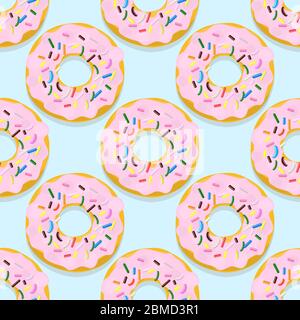 Illustrazione vettoriale senza giunture di ciambelle in smalto rosa su un blu Illustrazione Vettoriale