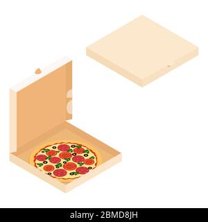 Illustrazione isometrica delle scatole con pizza isolata su bianco. Scatola chiusa e aperta con pizza. Illustrazione rapida degli alimenti per scorta vettoriale Illustrazione Vettoriale