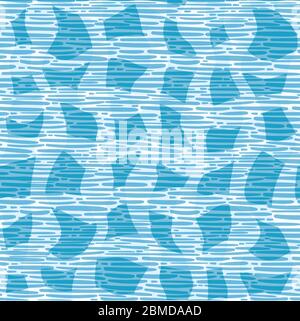 Griglia di shard astratta sfondo del pattern vettoriale senza giunture. Forme irregolari sparse sfondo blu con effetto overlay effetto vimini. Monocromatico Illustrazione Vettoriale