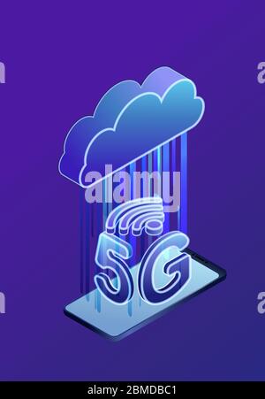Concetto di servizio cloud wireless Internet Mobile Network con velocità 5G. Telecomunicazioni e backup ad alta velocità. Illustrazione del Vector incandescente Illustrazione Vettoriale