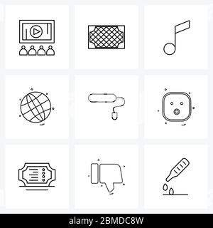 Set di stile moderno di 9 linee Pictograph Grid basato hardware, costruzioni, musica, mondo, mondo Vector Illustration Illustrazione Vettoriale