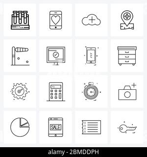 16 icone di linea vettoriale e simboli moderni di mappa, ospedale, amore, medico, rete illustrazione vettoriale Illustrazione Vettoriale