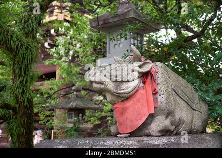 La statua di bue, il messaggero animale (otsukai) di Dio Tenjin (Sugawara Michizane), giace giù vicino alla lanterna di pietra al santuario di Kitano Tenmangu. Kyo Foto Stock