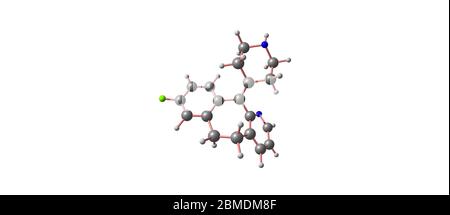 La desloratadina è un antistaminico triciclico che viene usato per trattare le allergie. È un metabolita attivo della loratadina. illustrazione 3d Foto Stock