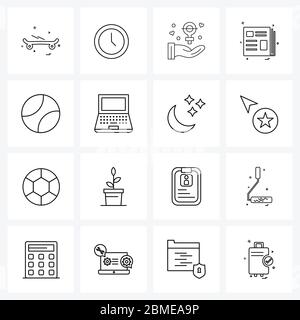 Simboli isolati Set di 16 icone semplici di linea di crescente, laptop, libri, computer, palla Vector Illustrazione Illustrazione Vettoriale