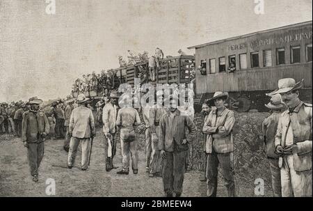 Guerra hispano-estadounidense o Guerra de Cuba. Conflitto bélico entre España y EE. UU. En 1898, resultado de la intervención norteamericana en la guerra de independencia cubana. Isla de Cuba. Un tren militar conduciendo tropas. Grabado. La Ilustración Española y americana, 8 de enero de 1898. Foto Stock