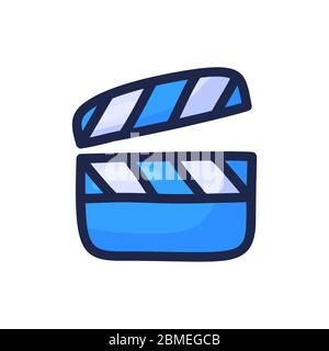 Video filmato clapperboard semplice contorno colore icona isolato su bianco. Illustrazione vettoriale disegno manuale cartoon Illustrazione Vettoriale