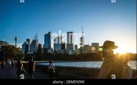 Passeggia lungo i giardini botanici di Sydney Farm Cove durante una serata invernale Foto Stock