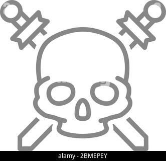 Cranio pirata con icona a linea di spade incrociate. Avvertenza di morte, simbolo di pericolo Illustrazione Vettoriale