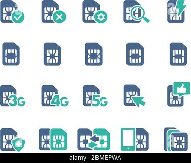 Set di icone piatte della scheda SIM. 3G, 4G, 5G - rete, Internet mobile, chip EMV, slot per schede, chip per telefono e altro ancora. Illustrazione Vettoriale