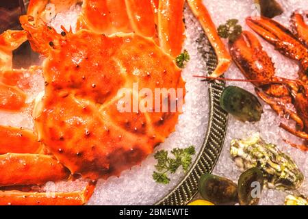 Molti tipi di pesce, serviti su ghiaccio tritato Foto Stock