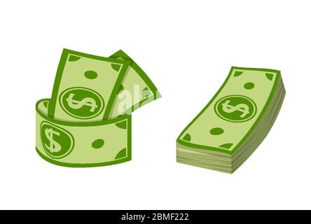 Bella piccola montagna di carta bannoni cartoni animati piatto set. Impilati in pacchetti di denaro. Dollaro verde in pacchetti, pacchetto di segni di valuta. Denaro contante da tasca, bollette di carta verde. Illustrazione del vettore isolato Illustrazione Vettoriale