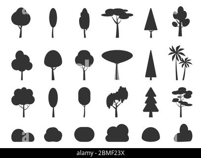 Alberi neri e cespugli, set di icone glifi. Modello di varie forme betulla, abete, palma, simbolo. Collezione silhouette grafica pianta, foresta, parco, giardino, semplice segno. Isolato su illustrazione vettoriale bianca Illustrazione Vettoriale