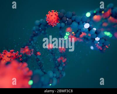 Covid-19. Coronavirus respiratorio patogeno influenza 2019-ncov. Virus attacca il DNA. Rendering 3D Foto Stock
