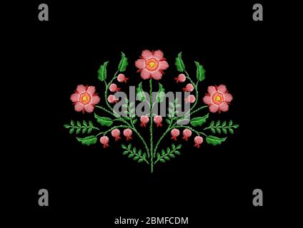 Fondo nero con motivo ricamato di un bouquet di fiori rosa stilizzato con cerchi arancioni e rametti con bacche e foglie Foto Stock