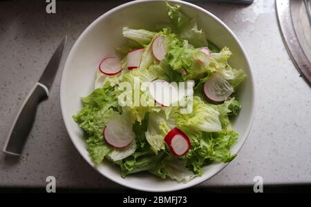 Insalata verde appena lavata con ravanello rosso a fette in bianco, ciotola di ceramica sul banco della cucina Foto Stock