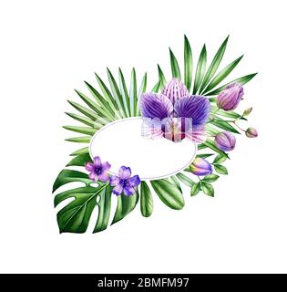 Banner floreale acquerello. Cornice ovale con posto per il testo. Grande fiore viola di orchidee e foglie di monstera. Sfondo tropicale dipinto a mano per logo e. Foto Stock