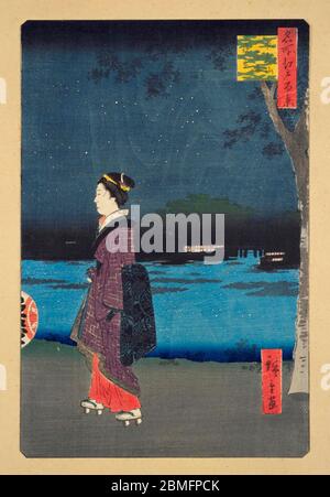 [ 1850 Giappone - Geisha di notte ] - UNA geisha che porta una lanterna di carta cammina lungo il canale Sanyabori, che collegava il centro di Asakusa e il quartiere a luci rosse di Yoshiwara, a Edo (attuale Tokyo) durante la notte, 1857 (Ansei 4). Questa stampa in blocco di legno è l'immagine 34 in cento viste famose di Edo (名所江戸百景, Meisho Edo Hyakkei), una serie creata dall'artista ukiyoe Utagawa Hiroshige (歌川広重, 1797–1858). È una delle 42 scene primaverili della serie. Titolo: Notte Vista di Matsuchiyama e Sanyabori (真乳山山谷堀夜景, Matsuchiyama Sanyabori yakei) stampa in blocco di legno Ukiyoe vintage del XIX secolo. Foto Stock