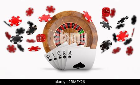 Roulette del casino e di volo chip sfondo con Royal Flush combinazione mano Foto Stock