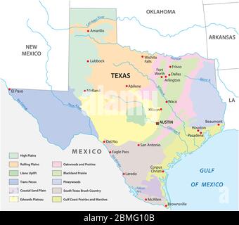 Mappa vettoriale delle regioni fisiche del Texas Illustrazione Vettoriale