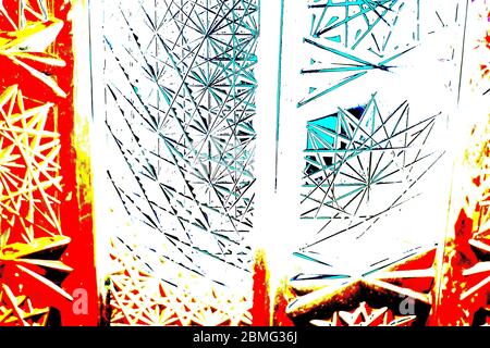 Una bella bella foto rossa e colorata di un vaso di cristallo con cerchi, triangoli, linee utilizzate come illustrazione carta da parati astratta di sfondo carte Foto Stock