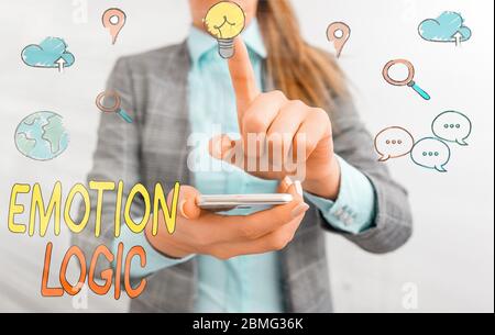 Nota di scrittura che mostra Emotion Logic. Concetto di business per cuore o anima del cervello o intelligenza confusione uguale equilibrio Foto Stock
