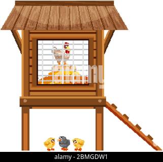 Polli nella coop di pollo su sfondo bianco illustrazione Illustrazione Vettoriale