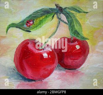 Due ciliegie mature su sfondo giallo, dipinto ad olio Foto Stock