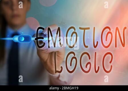 Nota di scrittura che mostra Emotion Logic. Concetto di business per cuore o anima del cervello o intelligenza confusione uguale equilibrio Foto Stock