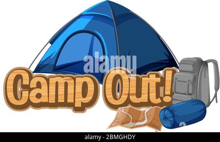 Font design per camp out con tenda nel parco illustrazione Illustrazione Vettoriale