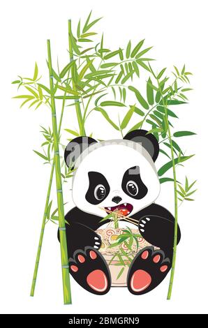 Simpatico panda cartoon mangiare ramen gustoso, zuppa di noodle con il design di bambù. Illustrazione Vettoriale