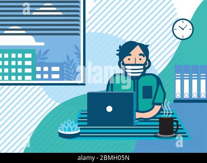 Scena di un uomo che indossa maschera facciale si mette in quarantena e lavora da casa durante il periodo di controllo del movimento ordine. Illustrazione Vettoriale