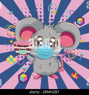 Fumetto kawaii anime mouse grigio o ratto in maschera facciale con torta di cioccolato disegno. Illustrazione Vettoriale