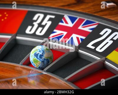 Imparare il concetto di lingua inglese. Terra come una palla di roulette del casinò con la bandiera britannica di Gran Bretagna Btitain nel numero vincente. illustrazione 3d Foto Stock